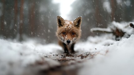 Obraz premium A captivating image of a curious fox approaching through a snowy forest, showcasing the beauty and tension of wildlife in its natural, serene environment during winter.