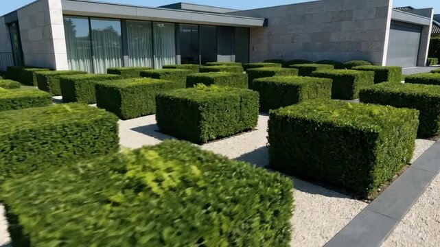 front lawn landscaping ideas. A modern architectural landscape features neatly trimmed boxwood bushes arranged in geometric patterns, set against a minimalist stone building and gravel pathway