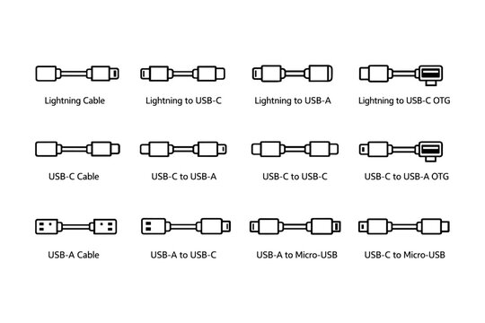 Various adapter cables: lightning, usb-c, usb-a, otg connections