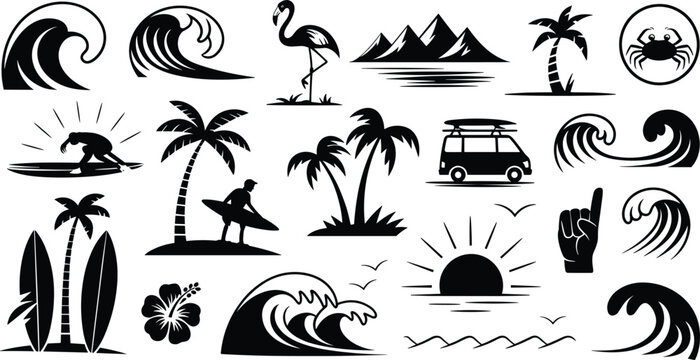Tropical beach summer vacation icon set, surfing wave palm tree ocean travel silhouette vector collection isolated white background illustration