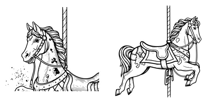 Vintage hand drawn carousel horses in detailed engraving style