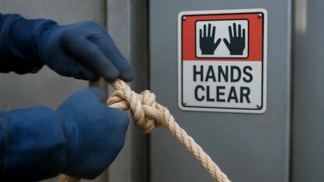 Safety sign hand glove rope knot secure crane warning door metal panel workplace caution industrial safety notice hands clear hand protection