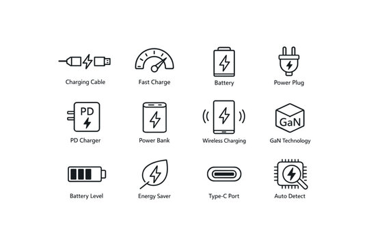 Icons illustrating charging cable battery power plug pd charger and gan technology