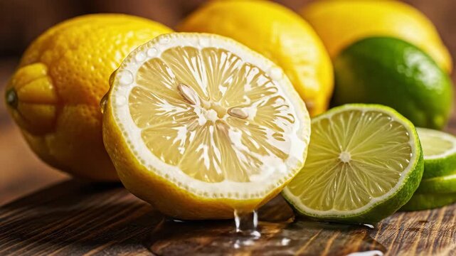 Citric fruit variety with a halved lemon dripping on wood
