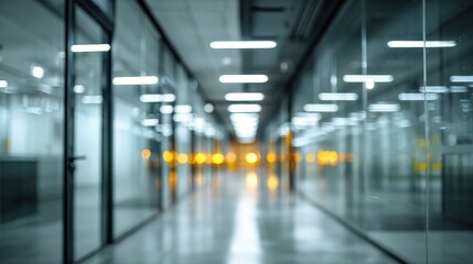 Blurred modern office hallway with glass walls and ceiling lights