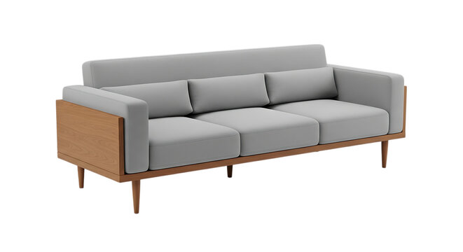 Modern grey fabric sofa with wooden legs for living room interior design isolated on transparent background furniture couch comfort home decor seat style object luxury textile house