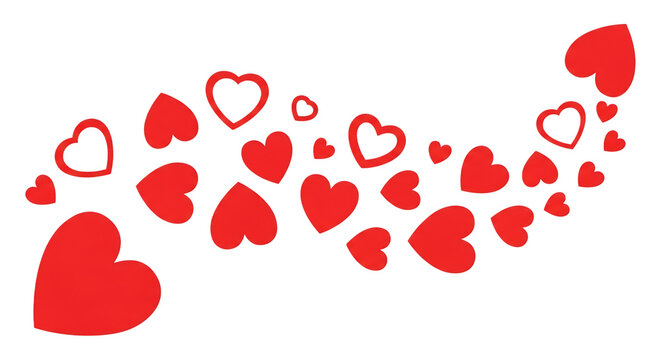 Wave of red hearts flowing from left to right in various sizes for border decoration isolated on transparent background stream path trail love romance valentine pattern graphic design element