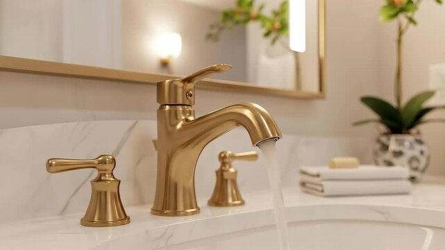 Elegant bathroom sink with running water and modern gold faucet design