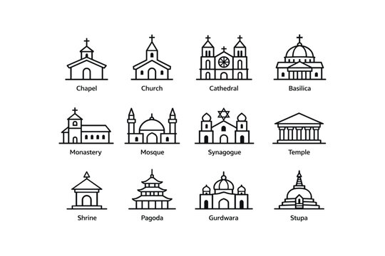 Line art of diverse religious buildings: church, mosque, synagogue, temple