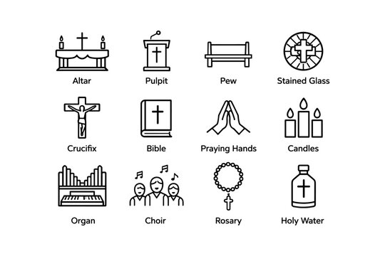 Church symbols: altar, pulpit, pew, stained glass, crucifix, bible, praying, candles, organ, choir, rosary, holy water