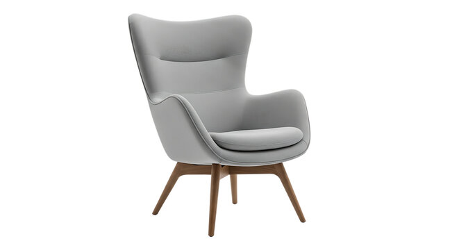 Modern grey fabric armchair with wooden legs and wingback design for living room isolated on transparent background furniture chair seat comfort interior home decor style relax lounge object house