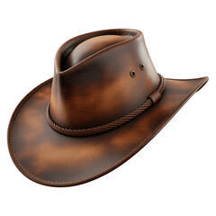 Brown Leather Cowboy Hat in Distressed Finish with Rope Band and Wide Brim in Warm Lighting for Western Fashion