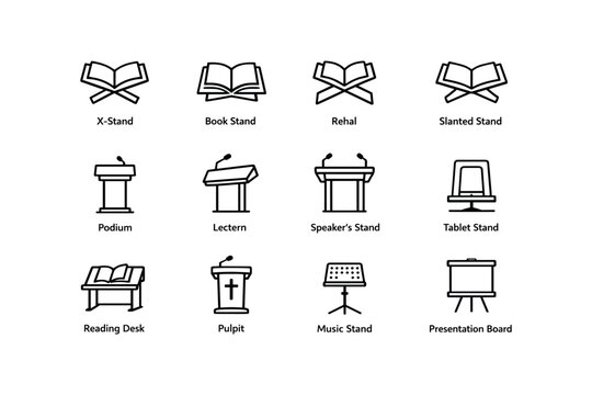 Collection of various stands for books, tablets, and presentations
