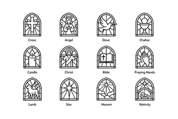 Fototapeta premium Stained glass windows illustrations featuring christian symbols and motifs