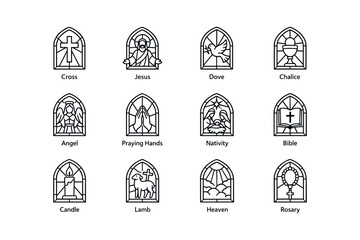 Fototapeta premium Stained glass icons depicting christian symbols and religious scenes