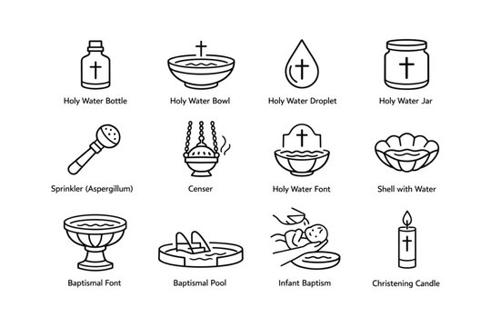 Icons of holy water vessels and baptism symbols in simple outline style
