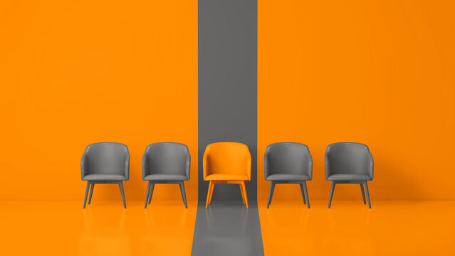 3D render of an orange chair positioned among gray chairs in a vibrant orange and gray minimal studio. The composition emphasizes individuality, leadership, uniqueness, and creative contrast.
