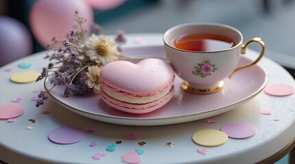 Fototapeta premium Romantic Pink Heart Macaron with Tea in Cozy Cafe