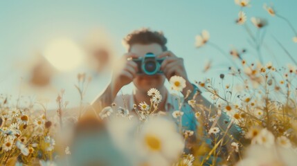 Photographer with vintage camera capturing vibrant flowers in a sunlit meadow