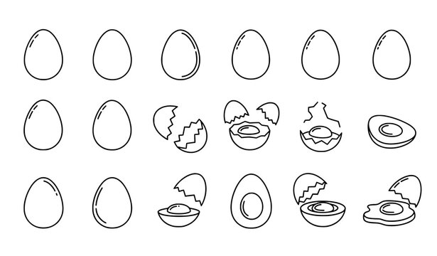 Minimal egg and broken egg line icon vector set with black outline food symbols