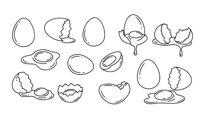 Broken egg and eggshell doodle outline icons vector collection in black line style © Shukimon