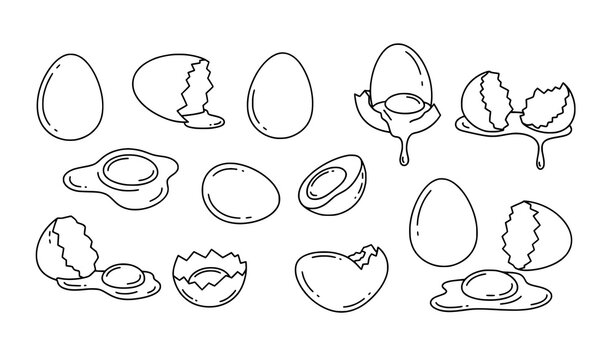 Broken egg and eggshell doodle outline icons vector collection in black line style