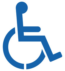 A blue symbol of a person in a wheelchair on a white background