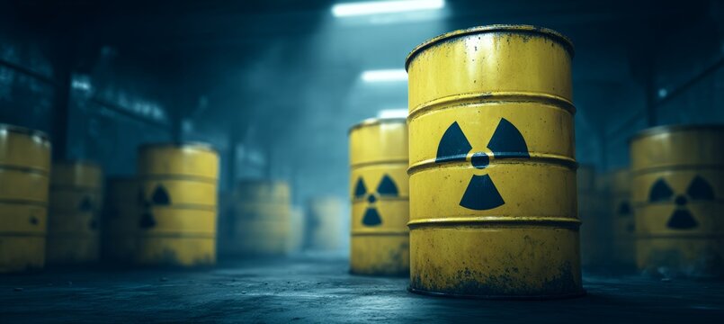 Nuclear waste on barrel at underground storage. Generative AI technology.	
