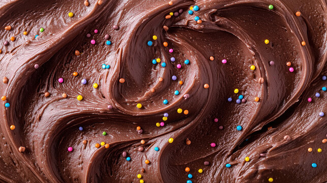 Silky chocolate buttercream frosting with colorful rainbow sprinkles, rich creamy dessert texture background close up