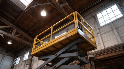 Fototapeta premium A yellow scissor lift platform is raised inside a rustic industrial warehouse with high wooden ceilings and large