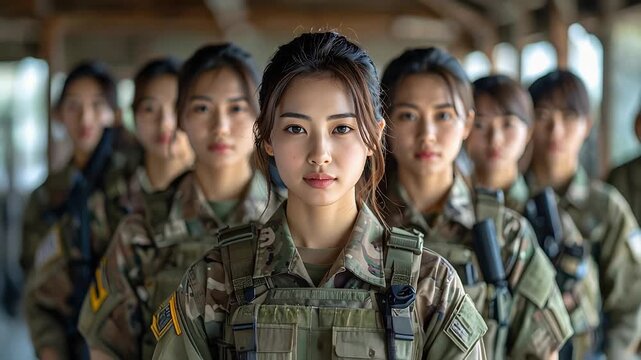 整列する女性兵士たちが規律ある姿勢で前方を見据える