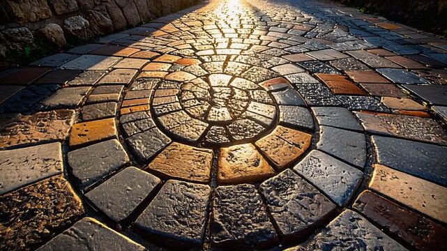 石畳の円形模様が質感豊かに広がる舗装路のクローズアップ