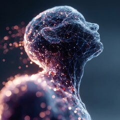 Polygonal wireframe human figure representing a great thinker