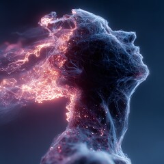 Polygonal wireframe human figure representing a great thinker