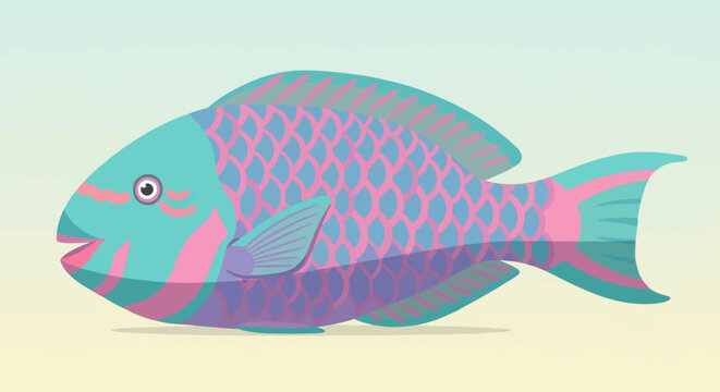 A stylized, colorful parrotfish with blue and pink scales