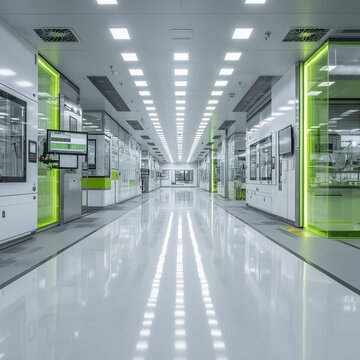 Interior of a clean and modern semiconductor cleanroom with advanced manufacturing equipment, bright LED lighting, and a sterile white and lime green industrial design.