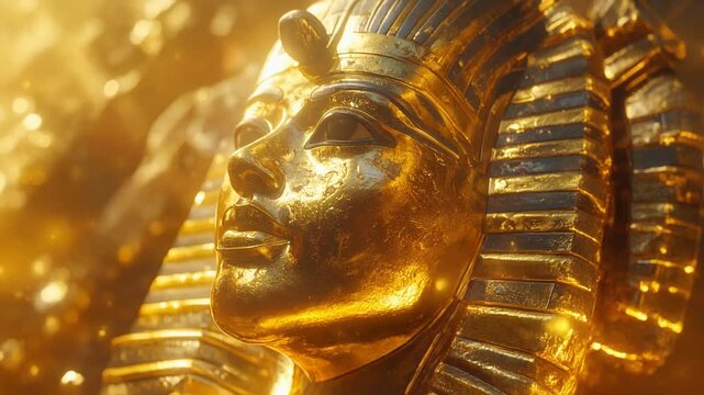 横向きに輝く金のエジプト王仮面が光を受けて浮かび上がる場面