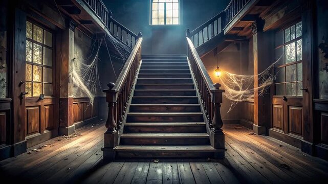 薄暗い建物内部の階段に差し込む光が導く神秘的な空間