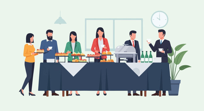 Business professionals enjoy refreshments at a catered event buffet