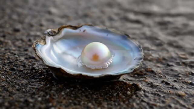 Gentle ocean waves repeatedly wash over a luminous pearl set inside an oyster shell half, which rests on dark, wet sand at the water's edge.