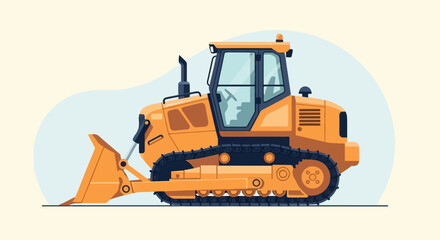 Fototapeta premium An illustrated orange bulldozer with a large blade and tracks on a light background