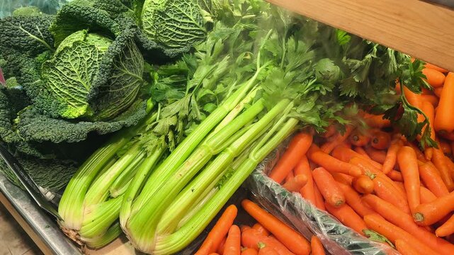 On the counter of the farm shop are fresh vegetables: Savoy cabbage, celery and carrots.