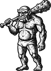 Obraz premium Illustration of fierce ogre warrior carrying large spiked club, muscular fantasy monster character