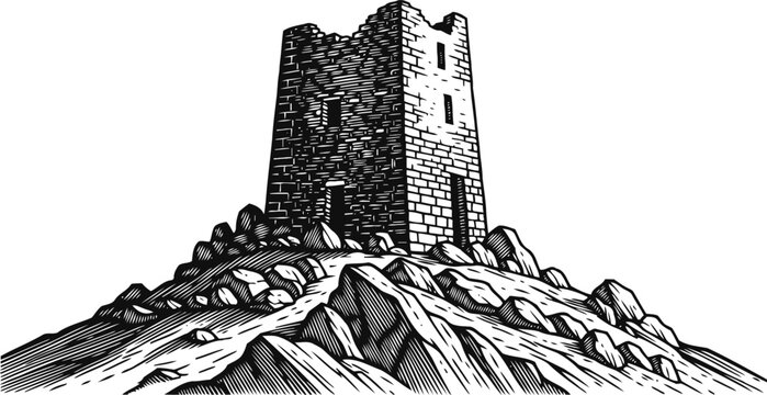 Ancient stone tower on rocky hilltop, illustration of medieval fortress ruins landscape