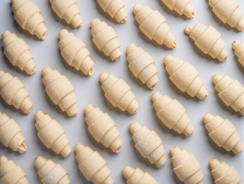 Unbaked croissant dough pattern arranged in rows, raw pastry preparation for bakery production, frozen or fresh croissants top view, industrial baking concept on neutral background