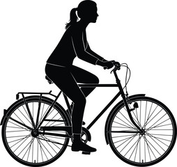 Obraz premium Black silhouette of female cyclist riding a city bike, woman bicycle commuter with ponytail on cruiser bicycle for urban transportation and outdoor healthy fitness.