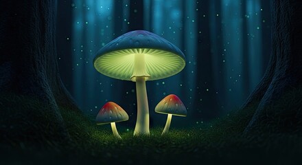 A captivating sight of luminescent mushrooms softly illuminating the mystical depths of an enchanted forest under a starry, magical night