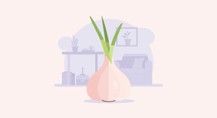 Close up of a single onion with green sprouts, set against a blurred interior scene