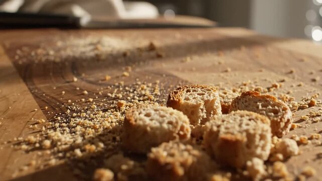 Close up of bread crumbs scattered on a wooden surface