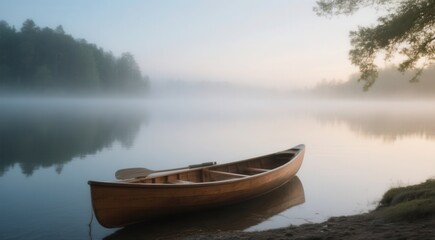 Serene misty lake with wooden canoe at sunrise